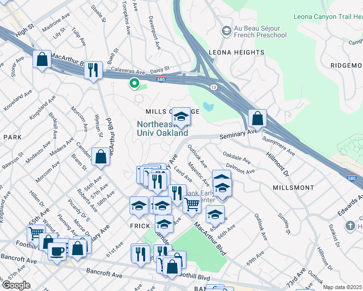 map of restaurants, bars, coffee shops, grocery stores, and more near 3532 Seminary Avenue in Oakland