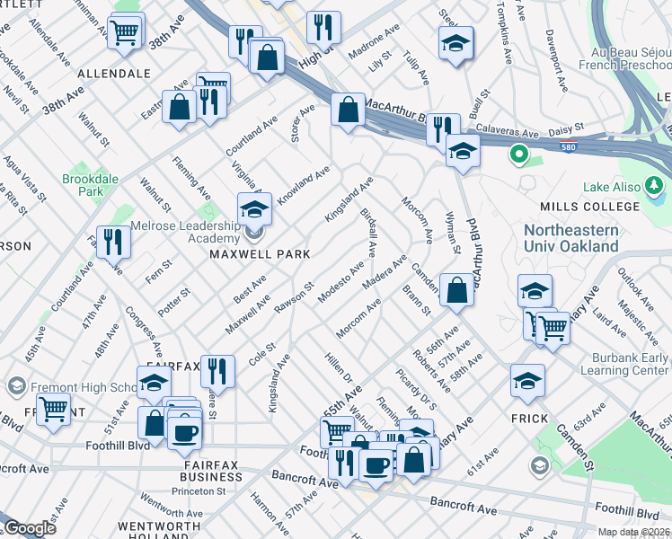 map of restaurants, bars, coffee shops, grocery stores, and more near 2906 Rawson Street in Oakland