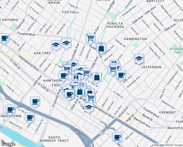 map of restaurants, bars, coffee shops, grocery stores, and more near 1609 36th Avenue in Oakland