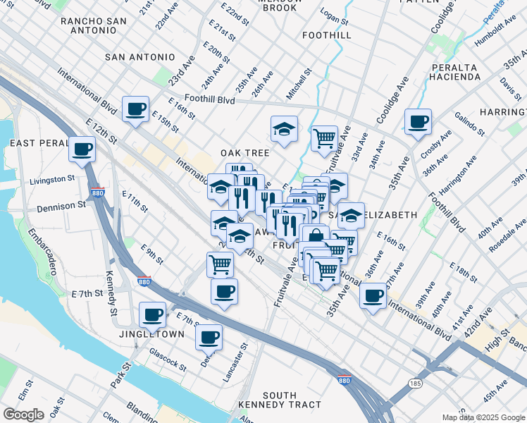 map of restaurants, bars, coffee shops, grocery stores, and more near 1443 Derby Avenue in Oakland