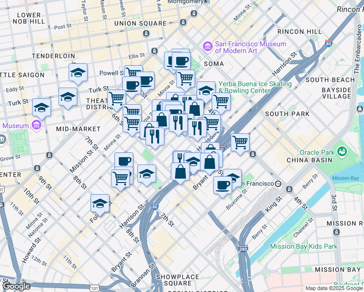 map of restaurants, bars, coffee shops, grocery stores, and more near 222 Clara Street in San Francisco