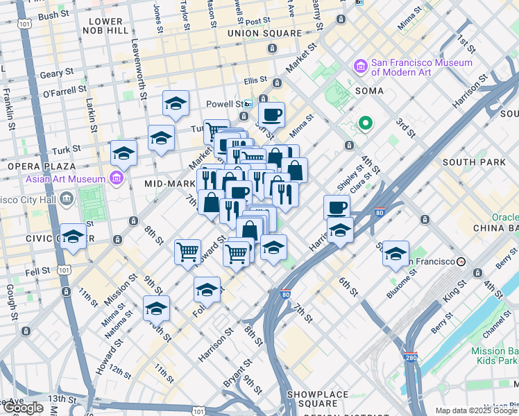 map of restaurants, bars, coffee shops, grocery stores, and more near 2 Harriet Street in San Francisco