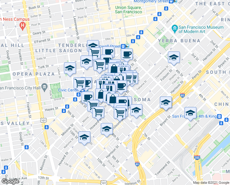 map of restaurants, bars, coffee shops, grocery stores, and more near 563 Natoma Street in San Francisco