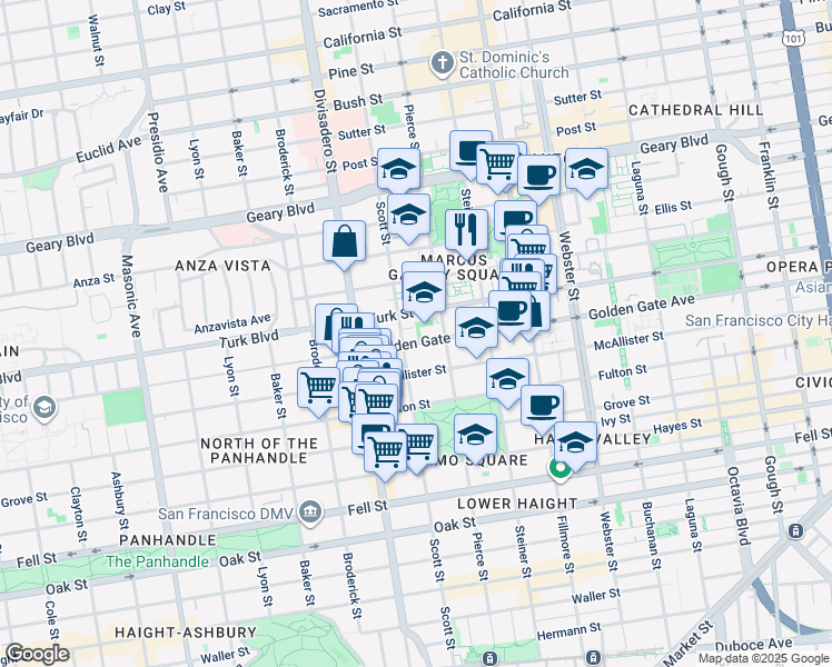 map of restaurants, bars, coffee shops, grocery stores, and more near 1513 Golden Gate Avenue in San Francisco