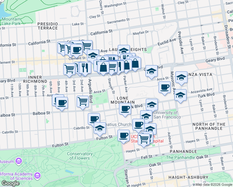 map of restaurants, bars, coffee shops, grocery stores, and more near 148 Stanyan Street in San Francisco