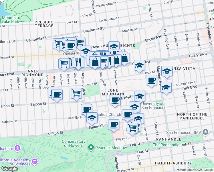 map of restaurants, bars, coffee shops, grocery stores, and more near 148 Stanyan Street in San Francisco