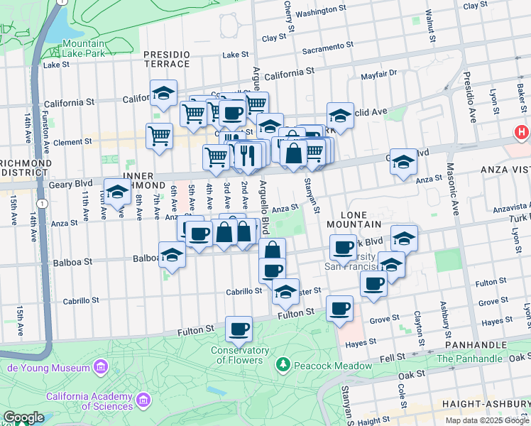 map of restaurants, bars, coffee shops, grocery stores, and more near 600 Arguello Boulevard in San Francisco