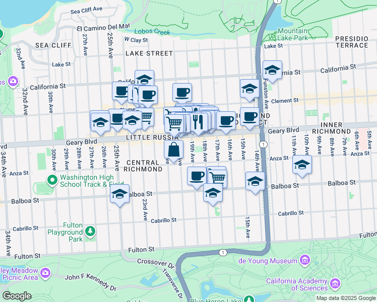 map of restaurants, bars, coffee shops, grocery stores, and more near 474 19th Avenue in San Francisco