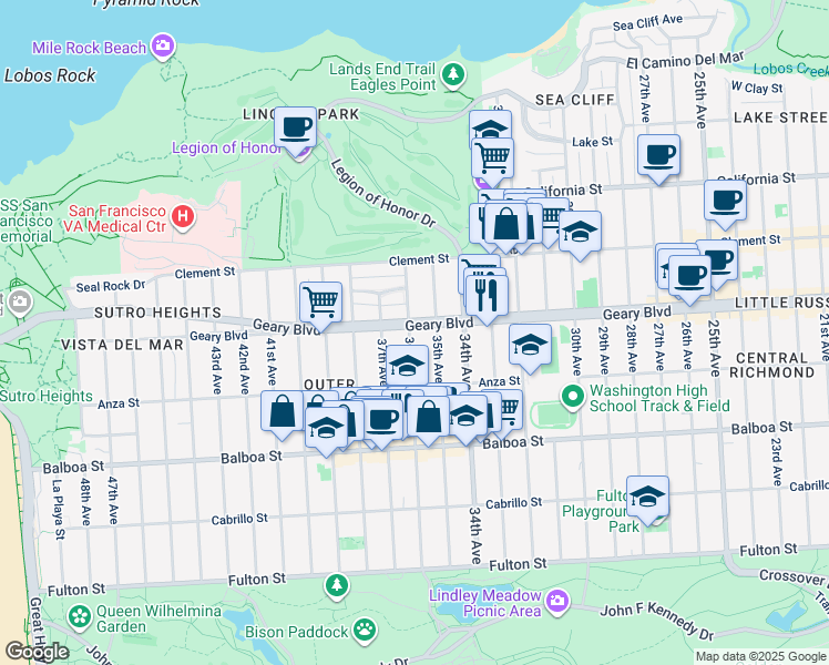 map of restaurants, bars, coffee shops, grocery stores, and more near 530 36th Avenue in San Francisco