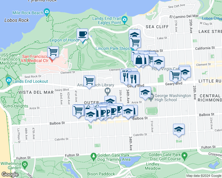 map of restaurants, bars, coffee shops, grocery stores, and more near 526 37th Avenue in San Francisco