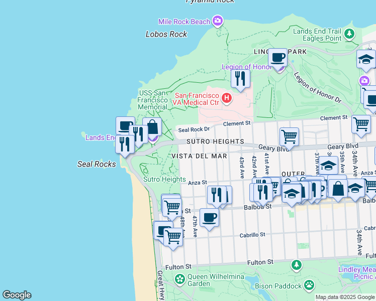 map of restaurants, bars, coffee shops, grocery stores, and more near 8245 Geary Boulevard in San Francisco