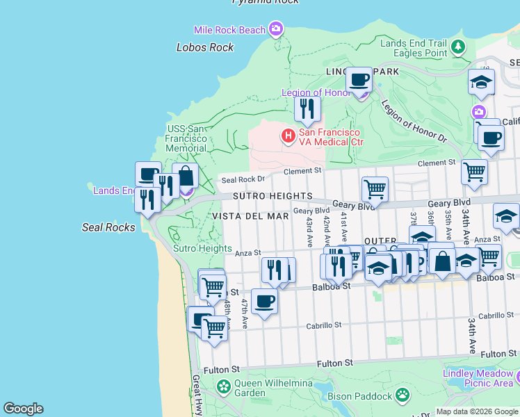 map of restaurants, bars, coffee shops, grocery stores, and more near 494 46th Avenue in San Francisco