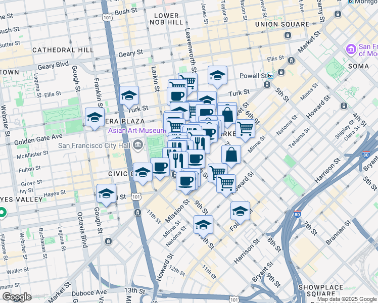 map of restaurants, bars, coffee shops, grocery stores, and more near 2 Hyde Street in San Francisco