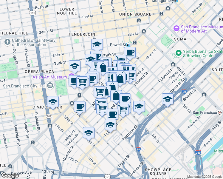 map of restaurants, bars, coffee shops, grocery stores, and more near 1087 Mission Street in San Francisco