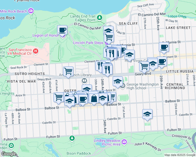 map of restaurants, bars, coffee shops, grocery stores, and more near 7039 Geary Boulevard in San Francisco