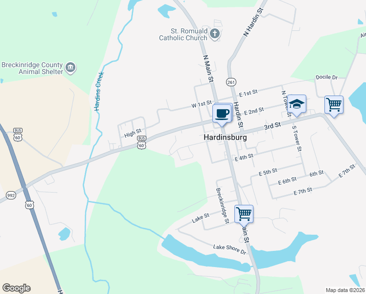 map of restaurants, bars, coffee shops, grocery stores, and more near 129 West 3rd Street in Hardinsburg