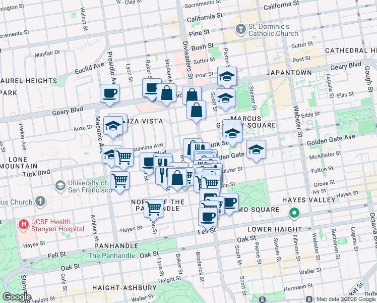 map of restaurants, bars, coffee shops, grocery stores, and more near in San Francisco