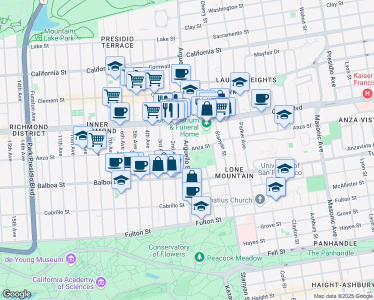 map of restaurants, bars, coffee shops, grocery stores, and more near 600 Arguello Boulevard in San Francisco