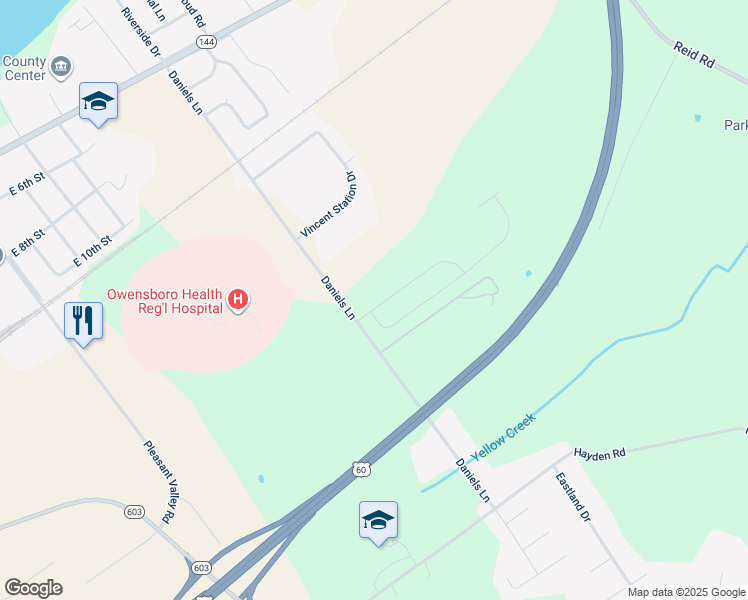 map of restaurants, bars, coffee shops, grocery stores, and more near 1319 Daniels Lane in Owensboro