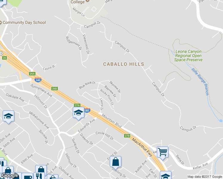 map of restaurants, bars, coffee shops, grocery stores, and more near 6492 Bayview Drive in Oakland