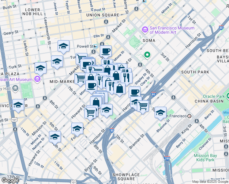 map of restaurants, bars, coffee shops, grocery stores, and more near 270 6th Street in San Francisco