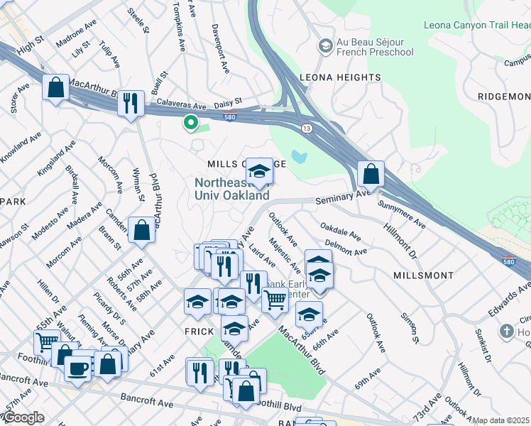 map of restaurants, bars, coffee shops, grocery stores, and more near 3564 Seminary Avenue in Oakland