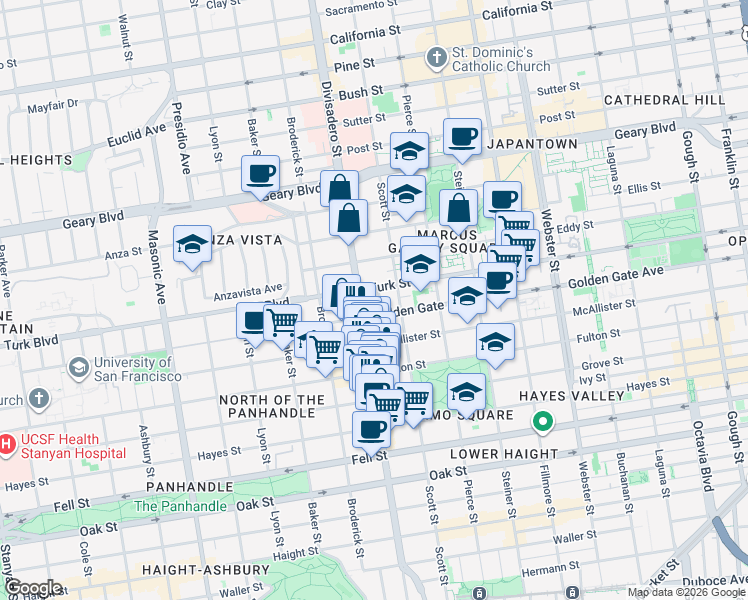 map of restaurants, bars, coffee shops, grocery stores, and more near 1616 Golden Gate Avenue in San Francisco