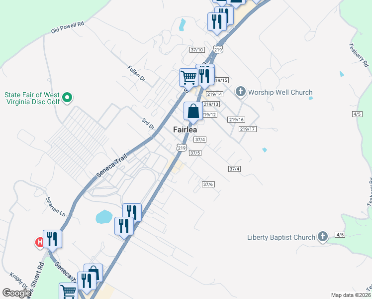 map of restaurants, bars, coffee shops, grocery stores, and more near 9508 U.S. 219 in Lewisburg