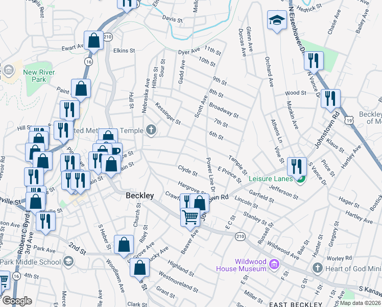 map of restaurants, bars, coffee shops, grocery stores, and more near 229 East Prince Street in Beckley