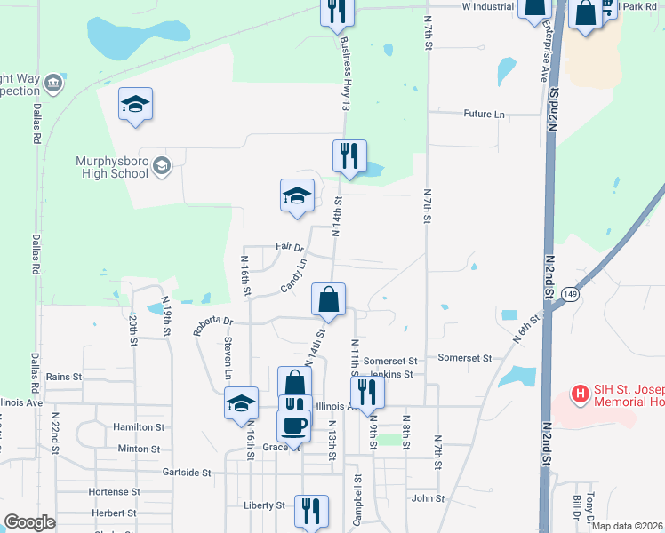 map of restaurants, bars, coffee shops, grocery stores, and more near 1299 N 14th St in Murphysboro