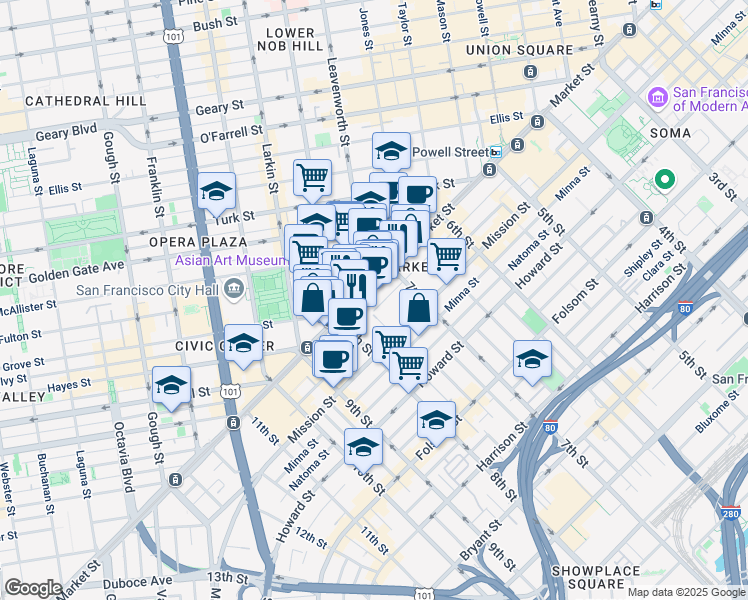 map of restaurants, bars, coffee shops, grocery stores, and more near 1145 Market Street in San Francisco