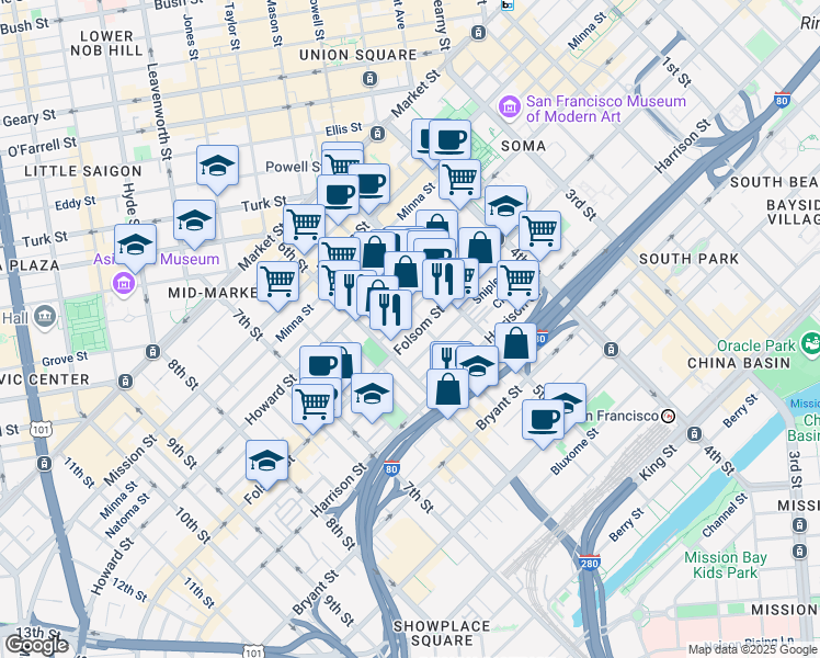 map of restaurants, bars, coffee shops, grocery stores, and more near 965 Folsom Street in San Francisco
