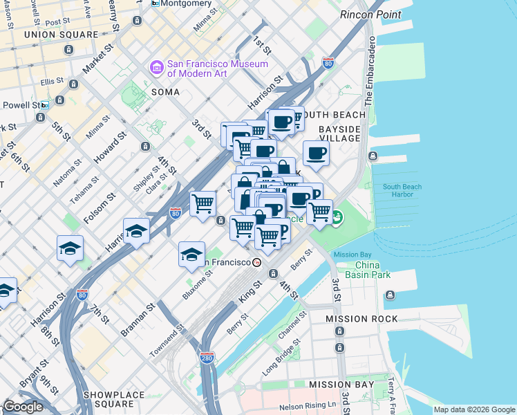 map of restaurants, bars, coffee shops, grocery stores, and more near 411 Brannan Street in San Francisco