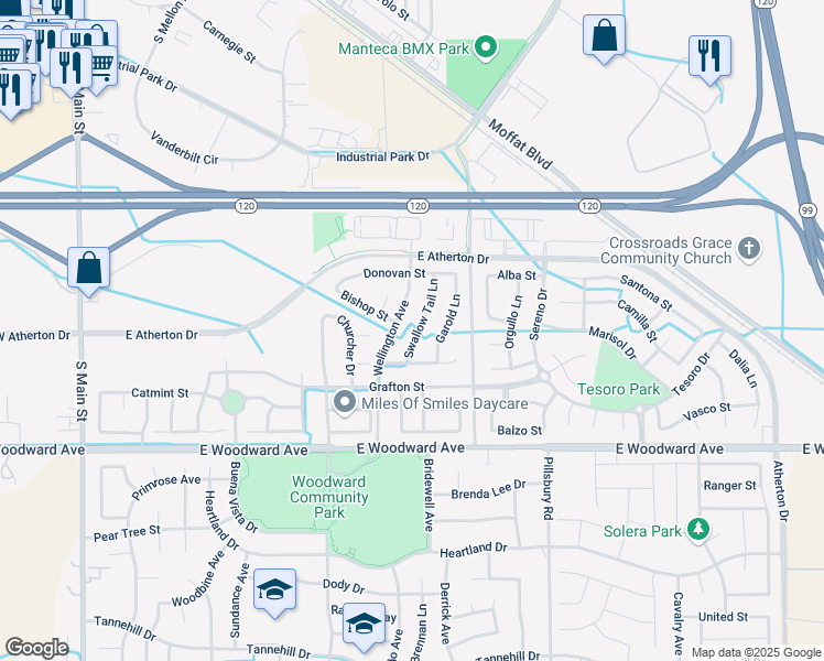 map of restaurants, bars, coffee shops, grocery stores, and more near 1541 Swallow Tail Lane in Manteca