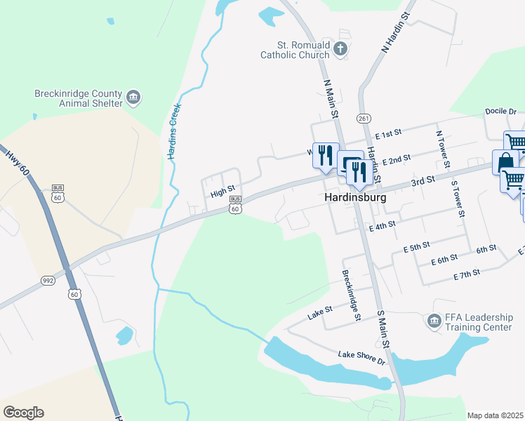 map of restaurants, bars, coffee shops, grocery stores, and more near 315 3rd Street in Hardinsburg