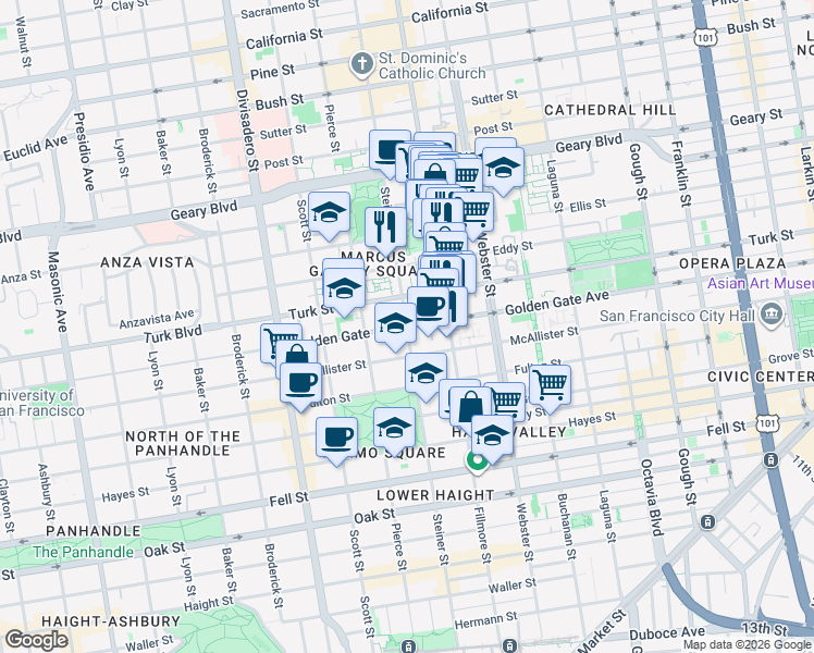 map of restaurants, bars, coffee shops, grocery stores, and more near Golden Gate Ave & Steiner St in San Francisco