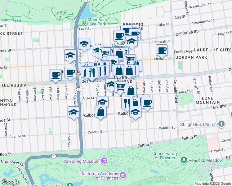 map of restaurants, bars, coffee shops, grocery stores, and more near 1800 Anza Street in San Francisco
