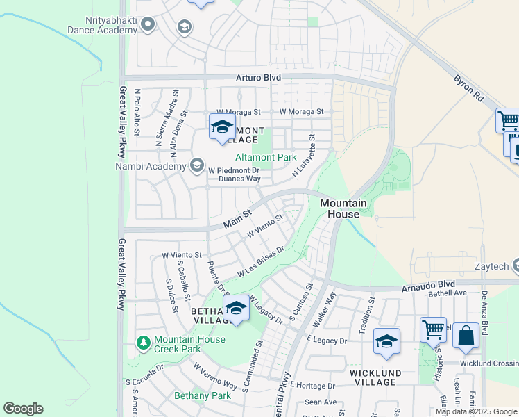 map of restaurants, bars, coffee shops, grocery stores, and more near 13 South Aldea Street in Mountain House