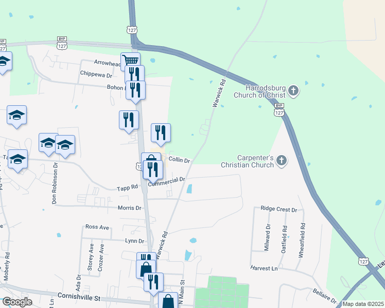 map of restaurants, bars, coffee shops, grocery stores, and more near 1000 Warwick Road in Harrodsburg