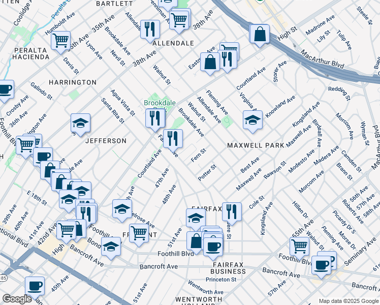 map of restaurants, bars, coffee shops, grocery stores, and more near 4716 Fairfax Avenue in Oakland