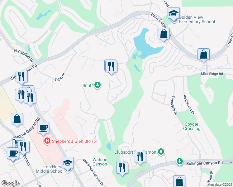 map of restaurants, bars, coffee shops, grocery stores, and more near 791 Lakemont Place in San Ramon