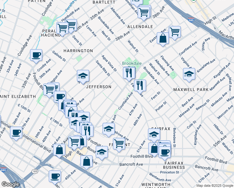 map of restaurants, bars, coffee shops, grocery stores, and more near in Oakland