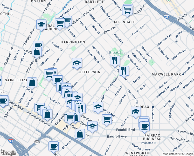 map of restaurants, bars, coffee shops, grocery stores, and more near 2181 42nd Avenue in Oakland