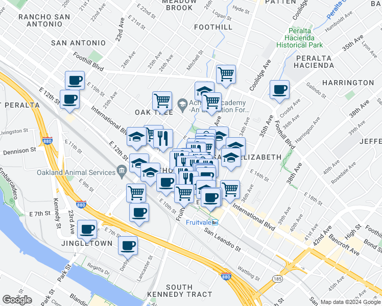 map of restaurants, bars, coffee shops, grocery stores, and more near 1479 Fruitvale Avenue in Oakland