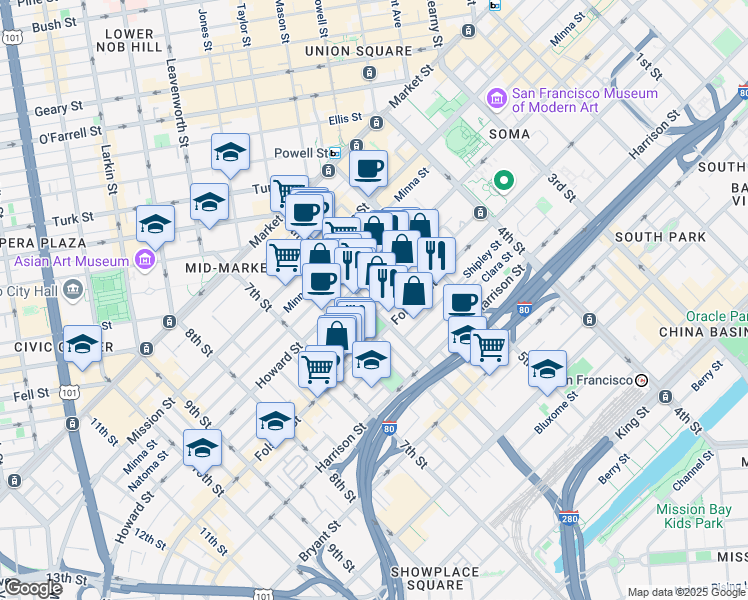 map of restaurants, bars, coffee shops, grocery stores, and more near 270 6th Street in San Francisco