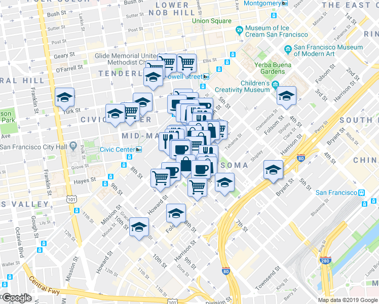 map of restaurants, bars, coffee shops, grocery stores, and more near 563 Natoma Street in San Francisco