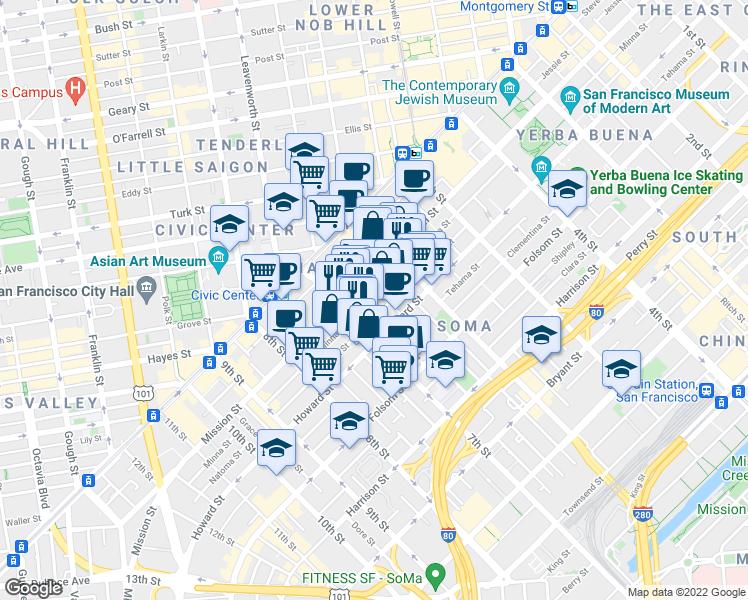map of restaurants, bars, coffee shops, grocery stores, and more near 563 Natoma Street in San Francisco