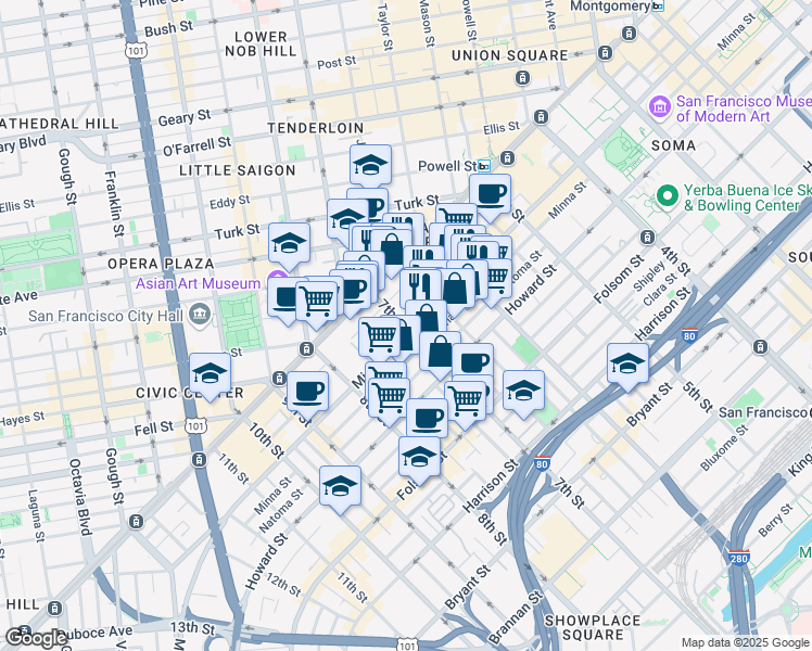 map of restaurants, bars, coffee shops, grocery stores, and more near 1087 Mission Street in San Francisco