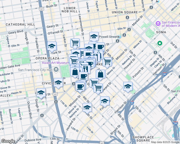 map of restaurants, bars, coffee shops, grocery stores, and more near 1150 Market Street in San Francisco
