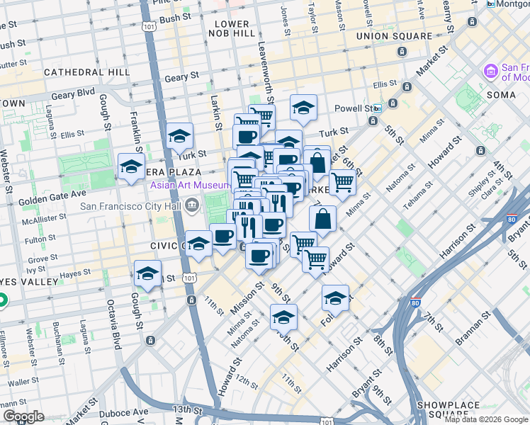 map of restaurants, bars, coffee shops, grocery stores, and more near 100 Larkin Street in San Francisco
